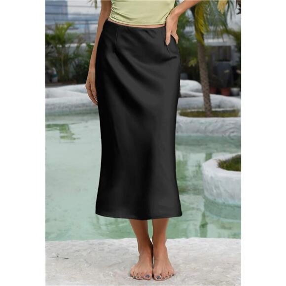Women's Satin High Waist Hidden Elasticized Waistband Flared Casual A Line Midi - Picture 5 of 7